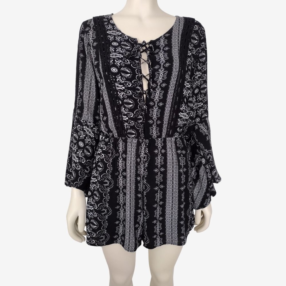 American Rag Black and White Striped Bell Sleeve Lace Up Romper Size M